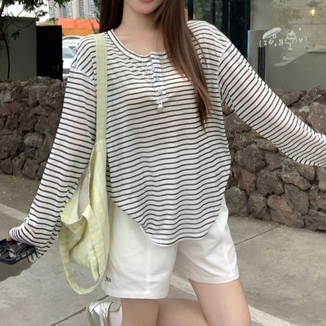Henley Neck Striped Tee with Long Sleeves