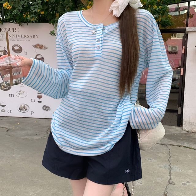 Henley Neck Striped Tee with Long Sleeves