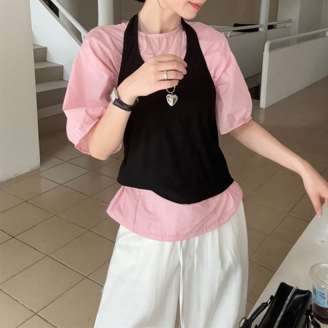 Two-Piece Set: Round Neck Tee and Halter Top