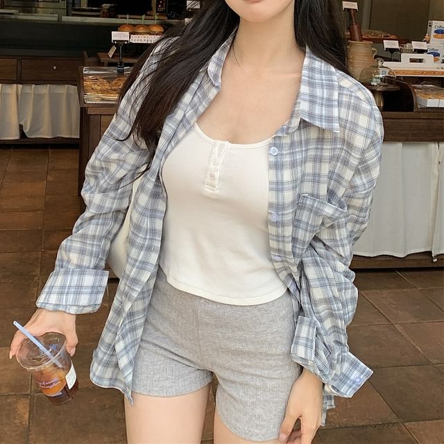 Oversized Plaid Collared Long-Sleeve Shirt