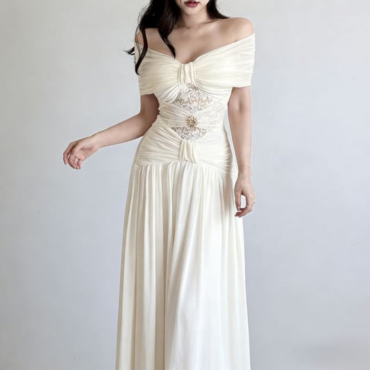 Off Shoulder Plain Lace Panel Ruched Maxi A-Line Dress