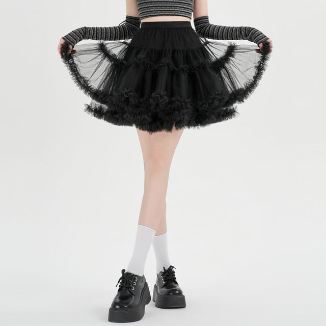 Frill Trim Layered Mesh Mini Skirt - Altfashion Shop