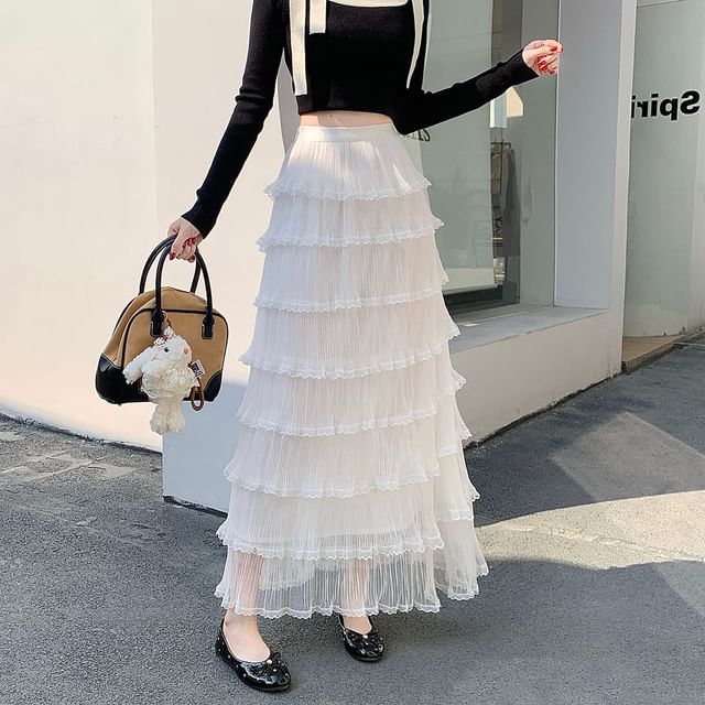 Tiered Mesh Maxi A-Line Skirt - Altfashion Shop