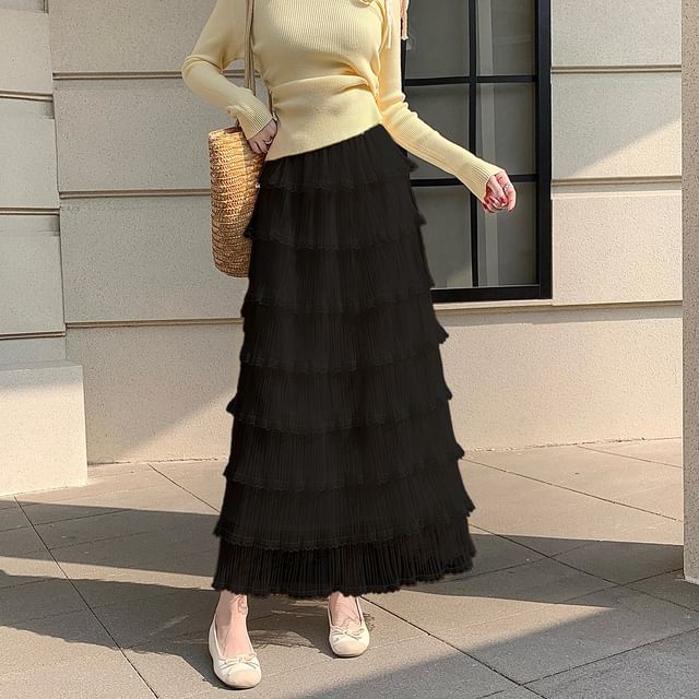 Tiered Mesh Maxi A-Line Skirt - Altfashion Shop