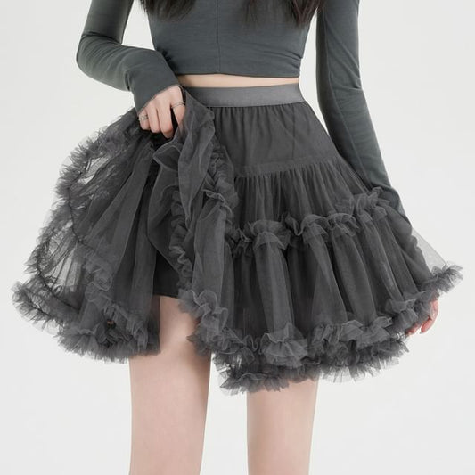 Frill Trim Layered Mesh Mini Skirt - Altfashion Shop