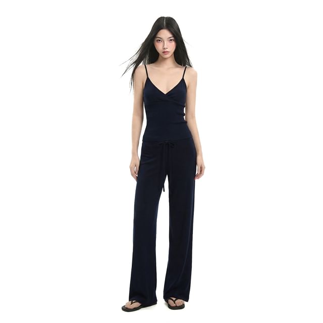 V-Neck Solid Knit Cropped Camisole & Drawstring Wide Leg Pants