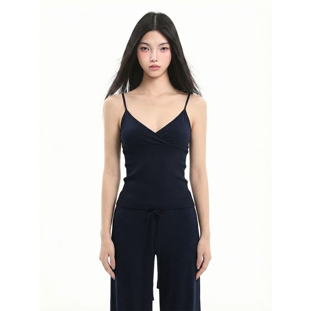 V-Neck Solid Knit Cropped Camisole & Drawstring Wide Leg Pants