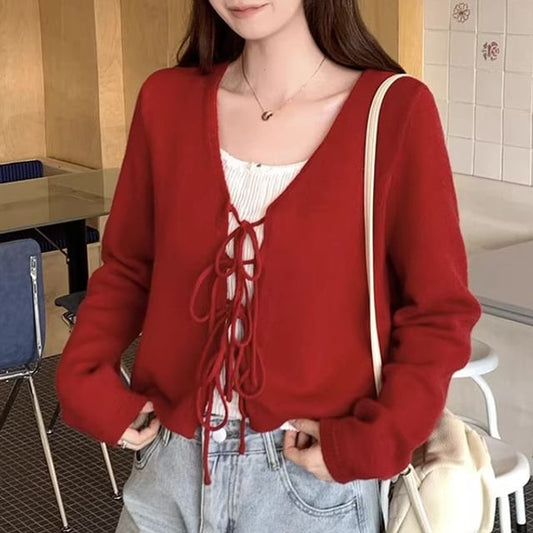 V-Neck Plain Tie Front Cardigan