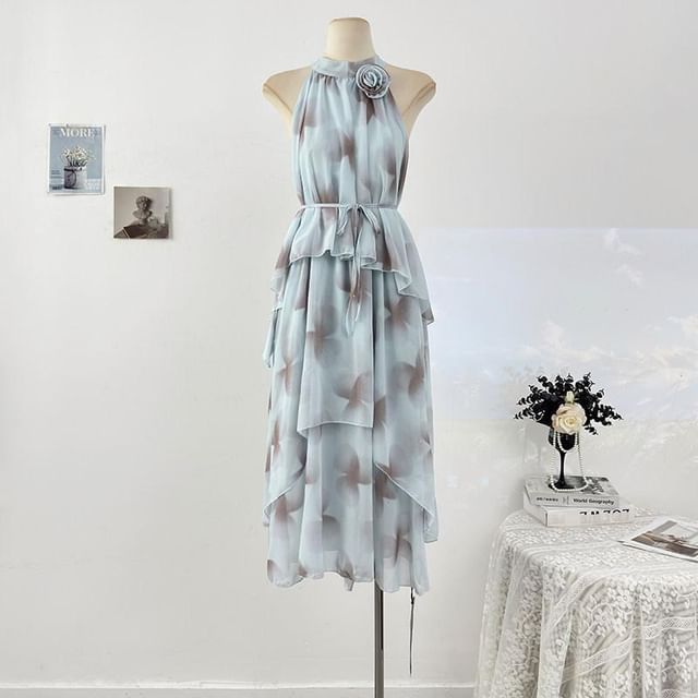 Sleeveless Mock Neck Tie Dye Tiered Maxi A-Line Dress