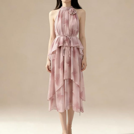 Sleeveless Mock Neck Tie Dye Tiered Maxi A-Line Dress
