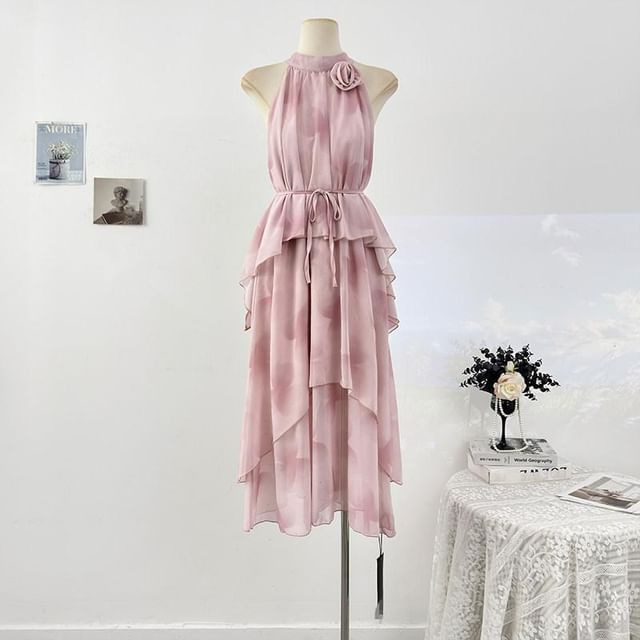 Sleeveless Mock Neck Tie Dye Tiered Maxi A-Line Dress