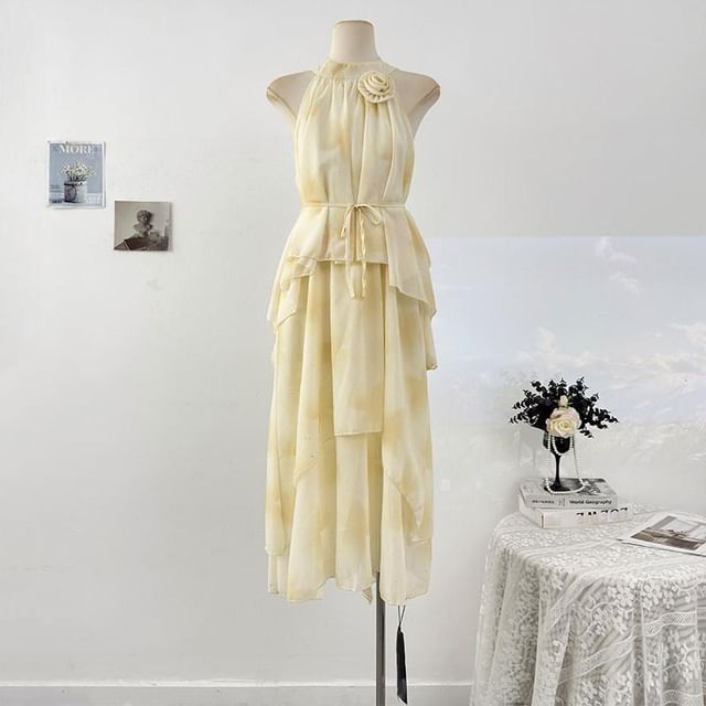 Sleeveless Mock Neck Tie Dye Tiered Maxi A-Line Dress