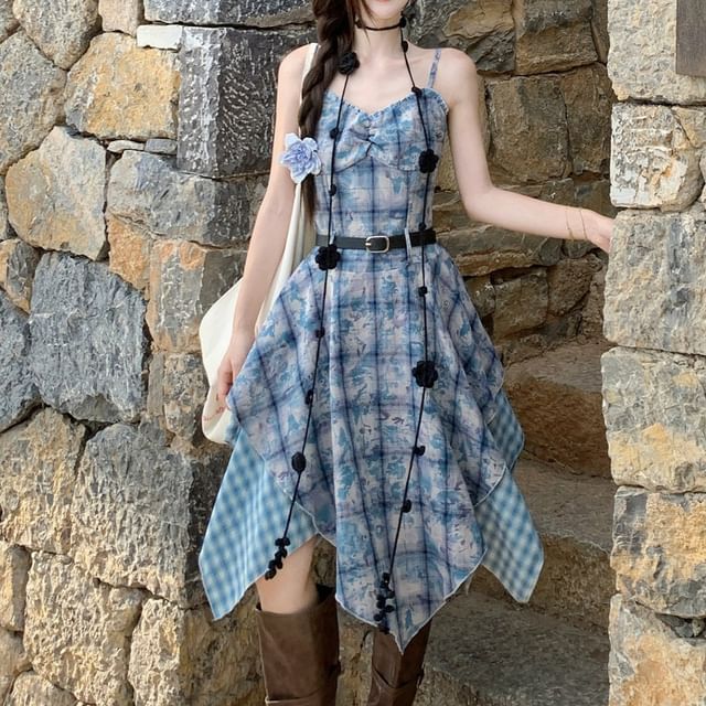 Spaghetti Strap Plaid Midi Dress / Asymmetrical Maxi Skirt - Altfashion Shop