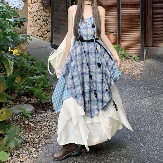 Spaghetti Strap Plaid Midi Dress / Asymmetrical Maxi Skirt - Altfashion Shop