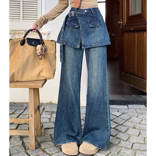 Washed Overlay Flared Denim Mini Skirt - Altfashion Shop