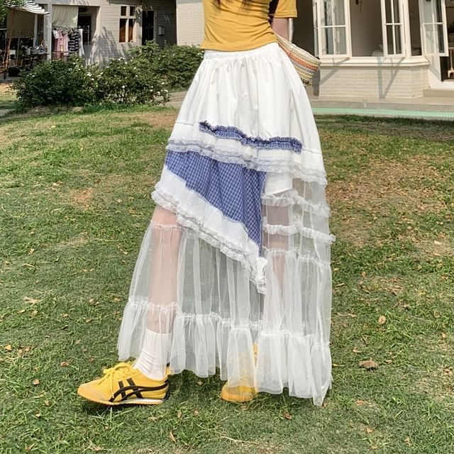 Plaid Ruffle Mesh Maxi A-Line Skirt - Altfashion Shop