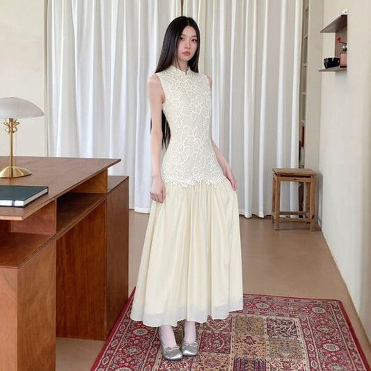 Stand Collar Lace Maxi A-Line Dress (Various Designs)