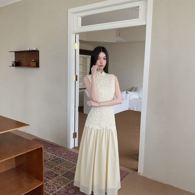 Stand Collar Lace Maxi A-Line Dress (Various Designs)