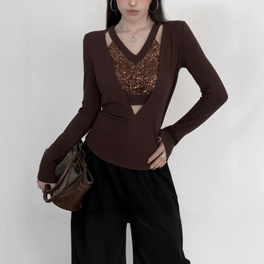 Mock Two-Piece Long-Sleeve V-Neck Sequin Panel Cutout Slim Fit Tee