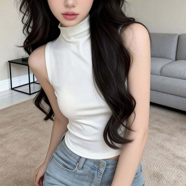 Mock Neck Solid Slim Fit Cropped Tank Top