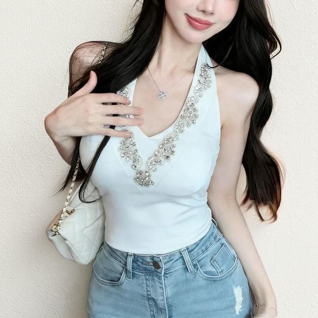 Halter V-Neck Rhinestone Accent Open Back Cropped Top