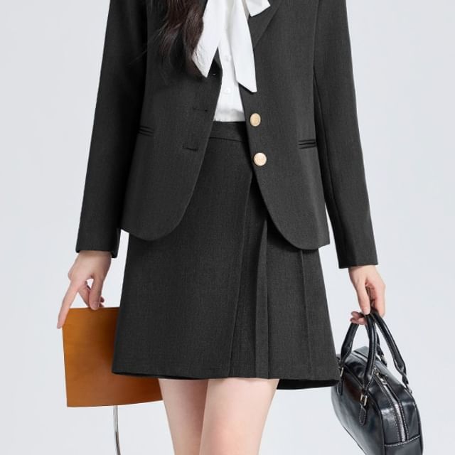 Notch Lapel Blazer + Pleated Mini Skirt + Tie Neck Blouse Set - Altfashion Shop