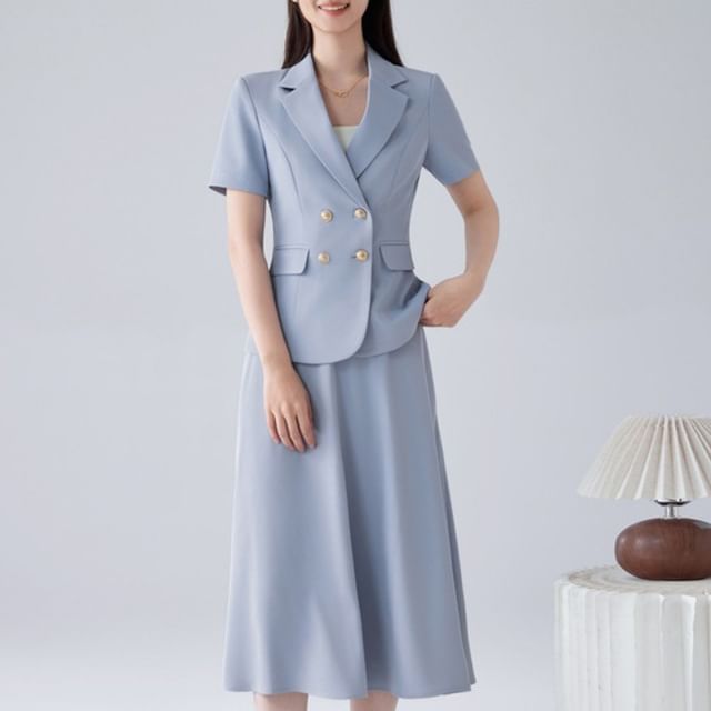Short Sleeve Blazer / Midi A-Line Skirt Set - Altfashion Shop