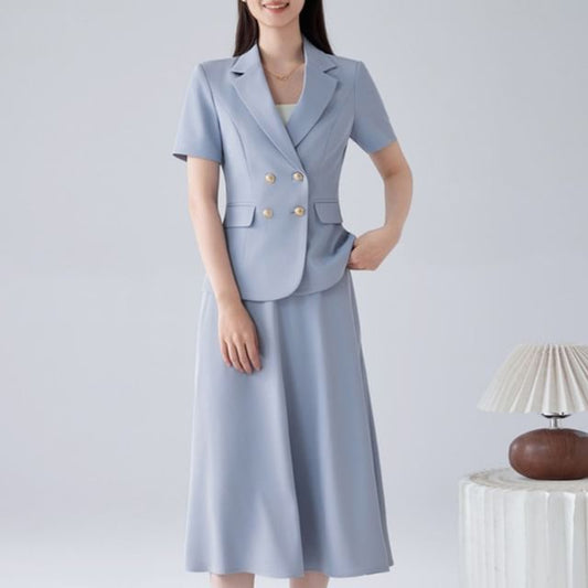Short Sleeve Blazer / Midi A-Line Skirt Set - Altfashion Shop