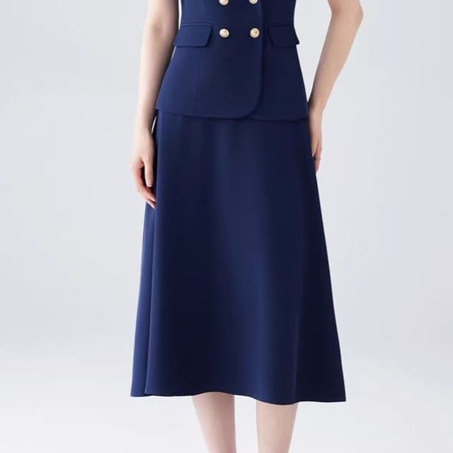 Short Sleeve Notch Lapel Blazer / Midi A-Line Skirt - Altfashion Shop