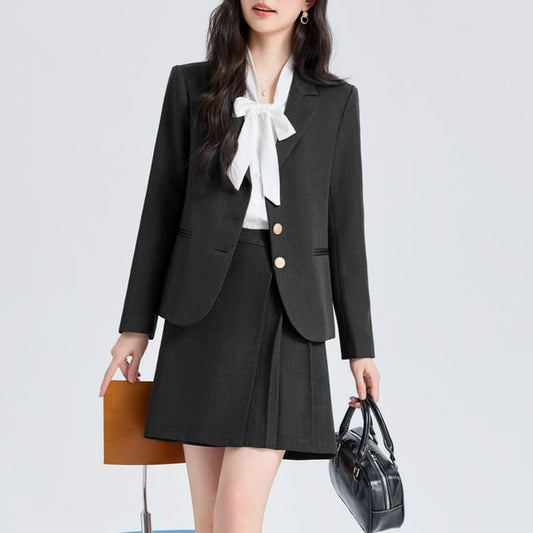 Notch Lapel Blazer + Pleated Mini Skirt + Tie Blouse Set - Altfashion Shop