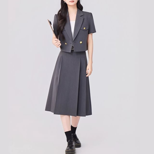 Short Sleeve Double Breasted Blazer + Pleated Midi Skirt Set - Altfashion Shop