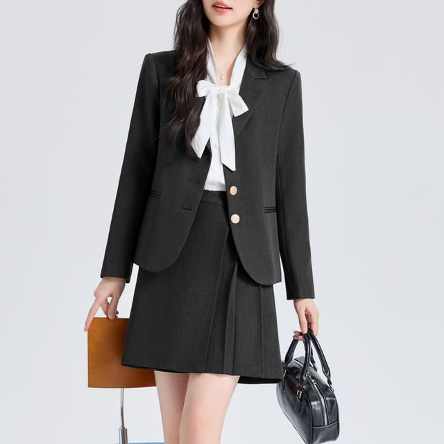 Notch Lapel Blazer + Pleated Mini Skirt Set - Altfashion Shop