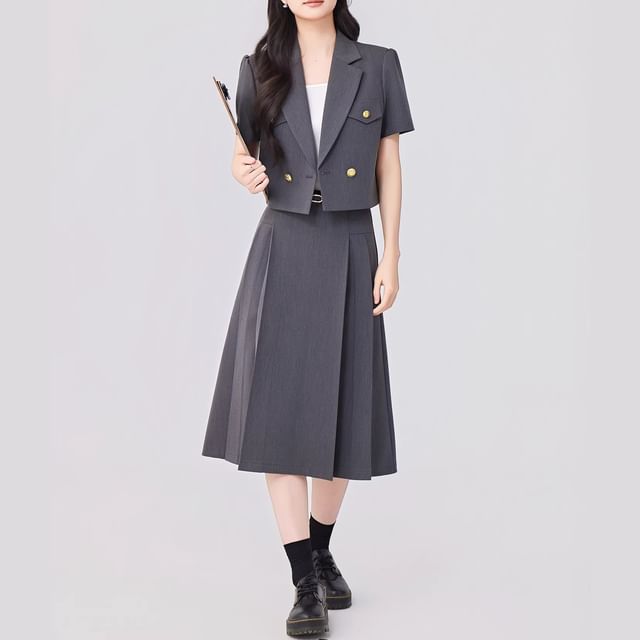 Short Sleeve Double Breasted Blazer + Pleated Midi Skirt Set - Altfashion Shop