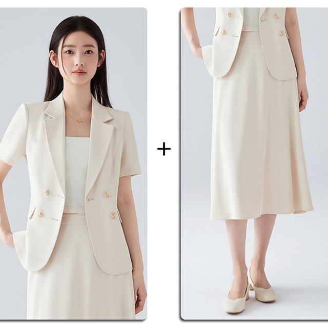 Short Sleeve Blazer / Midi A-Line Skirt Set - Altfashion Shop