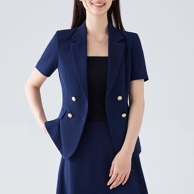 Short Sleeve Notch Lapel Blazer / Midi A-Line Skirt - Altfashion Shop