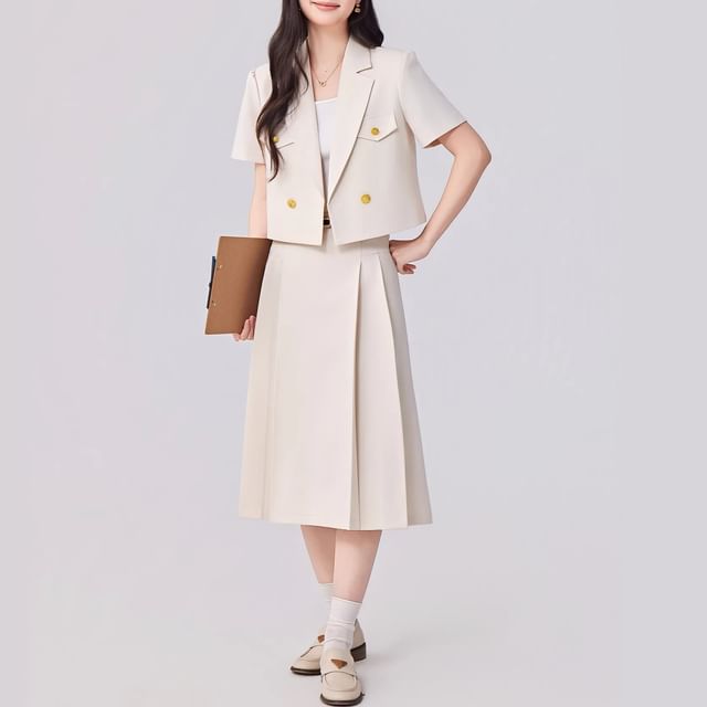 Short Sleeve Double Breasted Blazer + Pleated Midi Skirt Set - Altfashion Shop