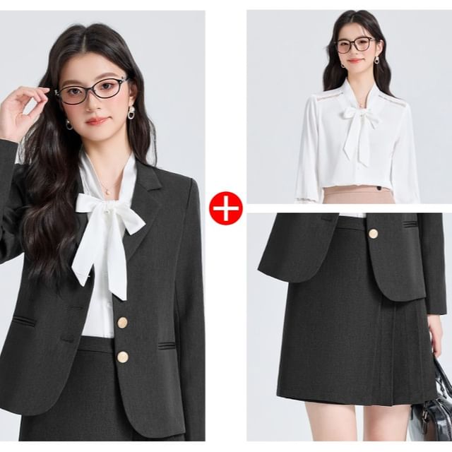 Notch Lapel Blazer + Pleated Mini Skirt + Tie Blouse Set - Altfashion Shop