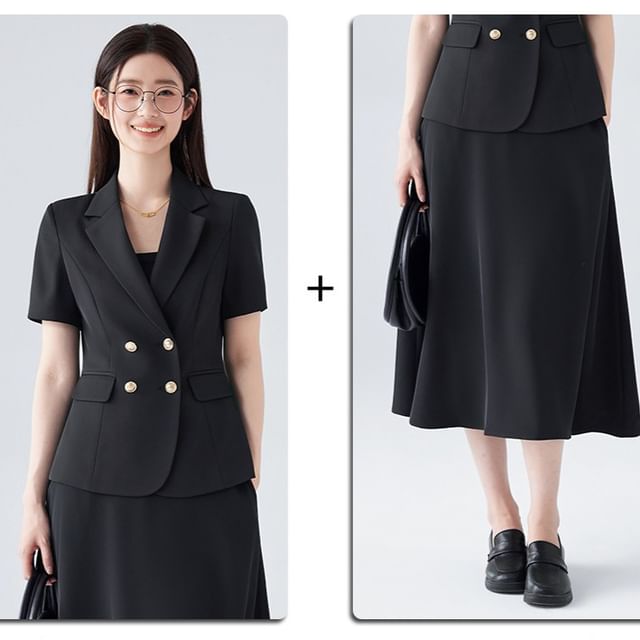 Short Sleeve Blazer / Midi A-Line Skirt Set - Altfashion Shop