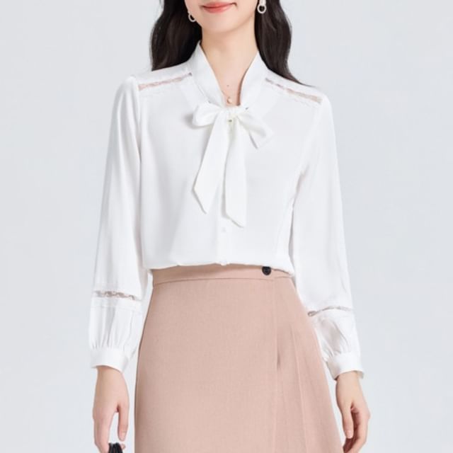 Notch Lapel Blazer + Pleated Mini Skirt + Tie Neck Blouse Set - Altfashion Shop