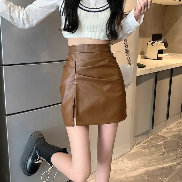Ruched Slit Faux Leather Mini Skirt - Altfashion Shop