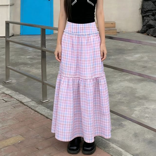 Plaid Tiered Maxi A-Line Skirt - Altfashion Shop