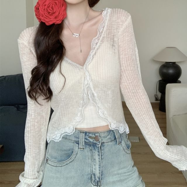 V-Neck Plain Ribbed Panel Lace Cardigan