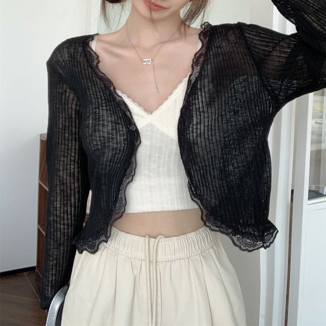 V-Neck Plain Ribbed Panel Lace Cardigan