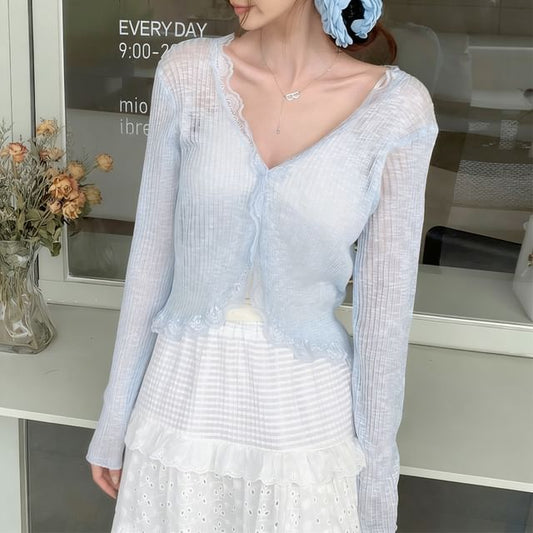 V-Neck Plain Ribbed Panel Lace Cardigan