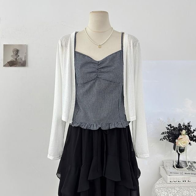 Set: Plain Cardigan + Plaid Ruffle Ruched Camisole Top
