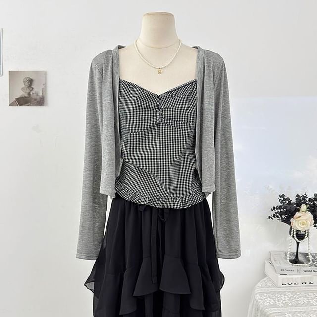 Set: Plain Cardigan + Plaid Ruffle Ruched Camisole Top