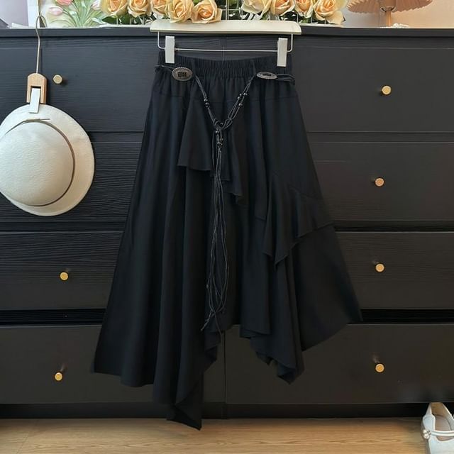 Ruffle Asymmetrical Midi A-Line Skirt - Altfashion Shop