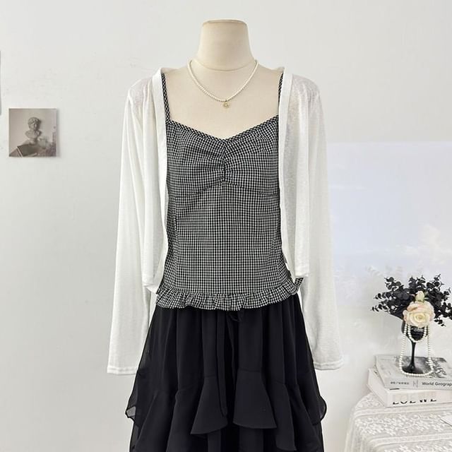 Set: Plain Cardigan + Plaid Ruffle Ruched Camisole Top