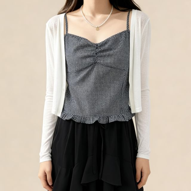 Set: Plain Cardigan + Plaid Ruffle Ruched Camisole Top