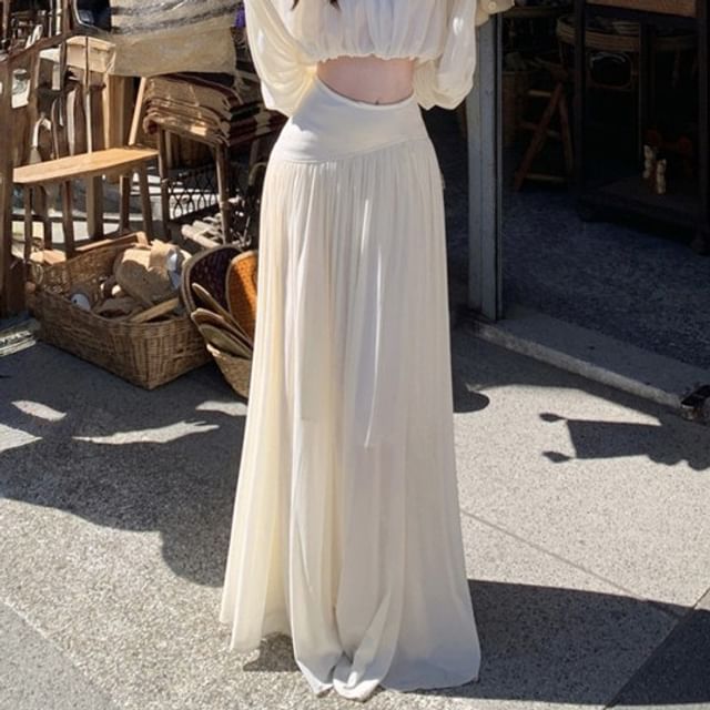 Flared-Sleeve Ruched Cropped Blouse / Low Rise Maxi Skirt - Altfashion Shop
